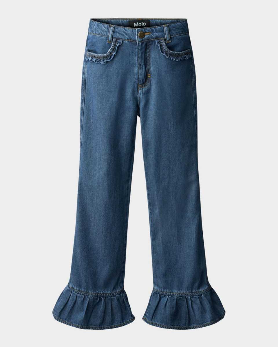 Girl's Amara Flounce-Hem Denim Jeans, Size 4-